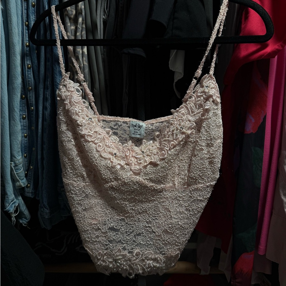 Boys Lie - baby pink lace + pearl top